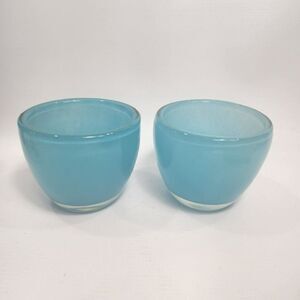2 Light Blue 3.75" Glass Votive Tea Light Candle Holders Chunky